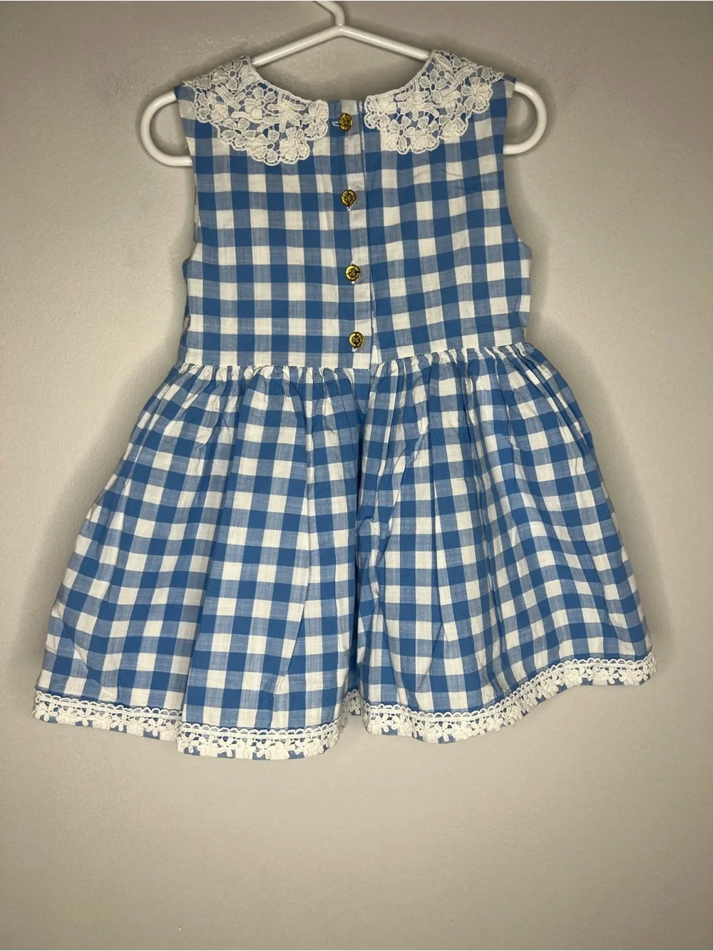 OshKosh B’gosh Blue Gingham Dress 3T Lace Collar Cotton Pockets Toddler Girl